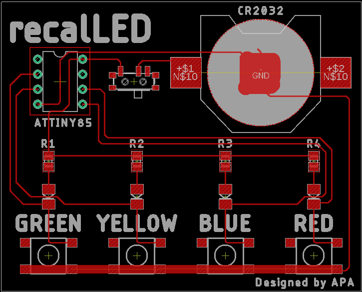 A screenshot of the design, in Eagle. It shoes all the components layouted and connected with traces.